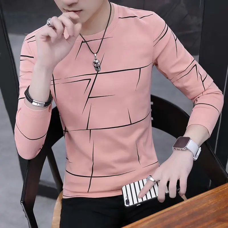 

2023 T Shirt Men Spring Men Long Sleeve T-Shirt Stripe Shirt New Tshirt T Shirts Male O-Neck Casual Pink White Black Tops Tees