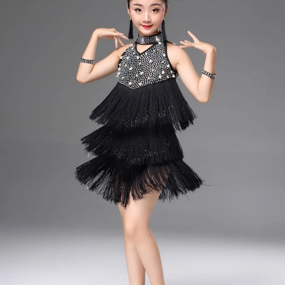 New Children Professional Sexy Latin Dance Dress For Girls Fringe Sequin Ballroom Dance Dresses Kids Modern Salsa Tango Costumes