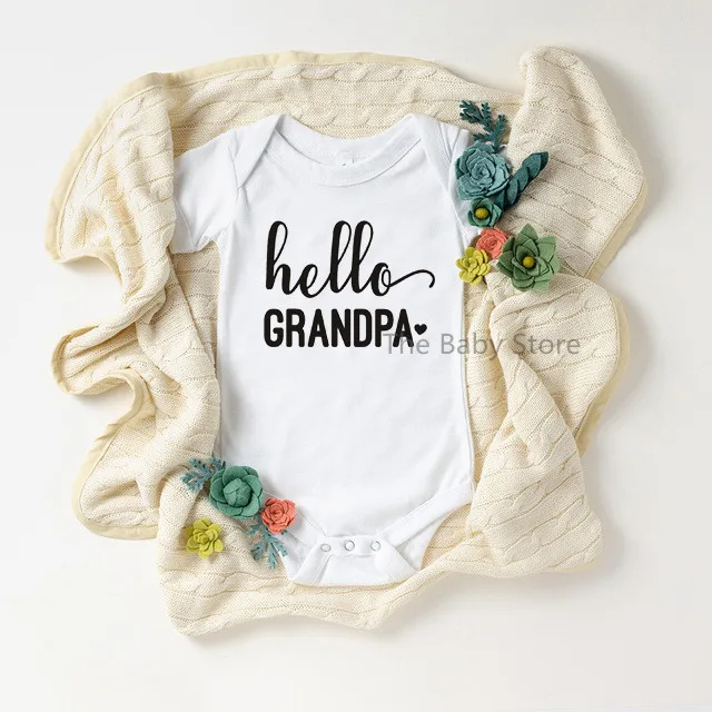 Hello Grandpa/Grandma/Mommy/Daddy Baby Announcement Clothe Newborn Baby Short Sleeve Bodysuits Casual Baby Playsuit Onesie