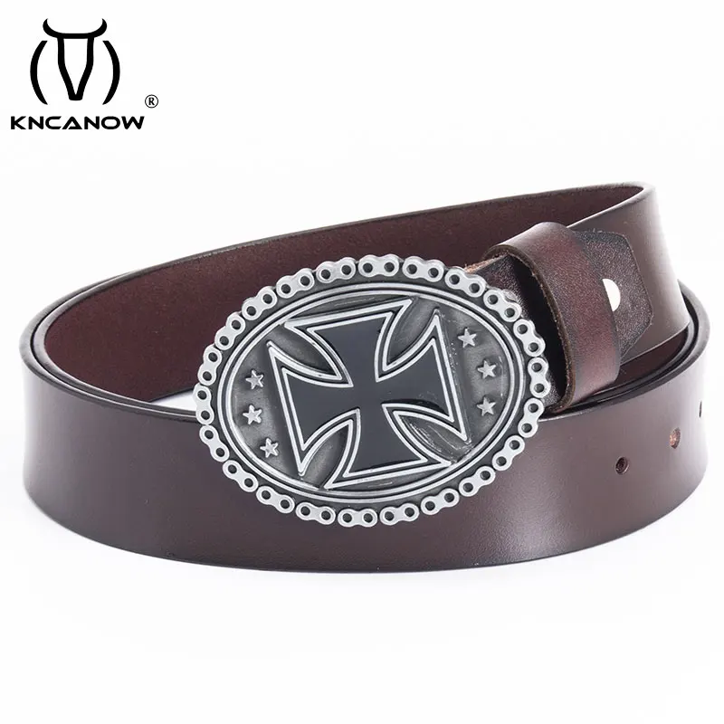 Fashion Belt Men Black Genuine Leather Belt For Man With German Iron Cross Medal Sign Zinc Alloy Oval Cowboy Buckle Gothic Strap