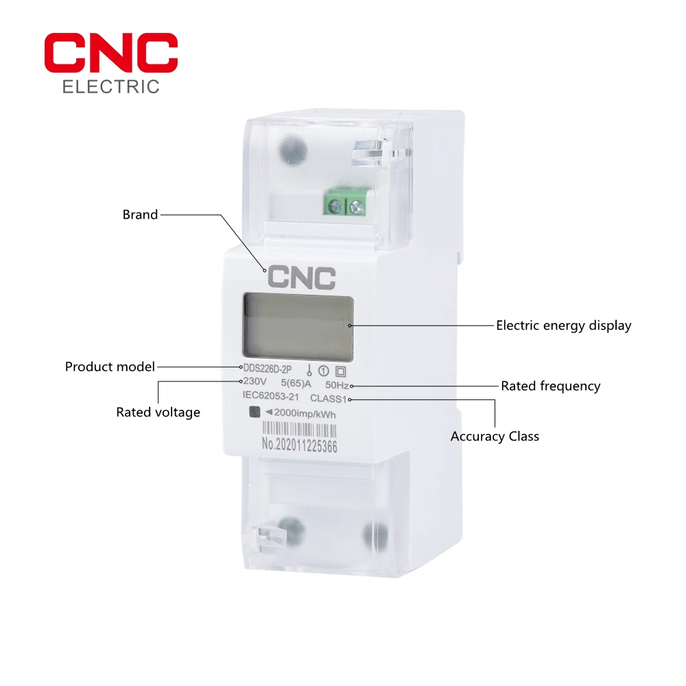 CNC DDS226D-2P LCD 65A 100A 220V 230V 50Hz 60Hz Single-phase Din-rail Energy Meter Active Energy Import Export kWh