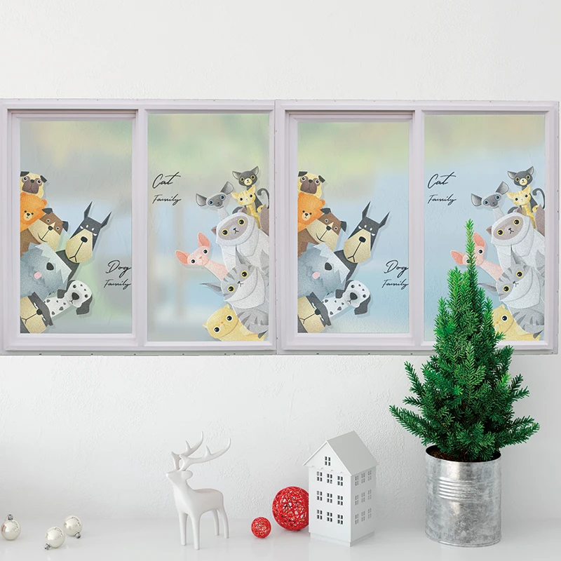 Custom Size Static Cling Window Film Heat Insulation Anti-UV Frosted Cat Dog Cute Privacy Decorative Glass Raamfolie 60cmx100cm