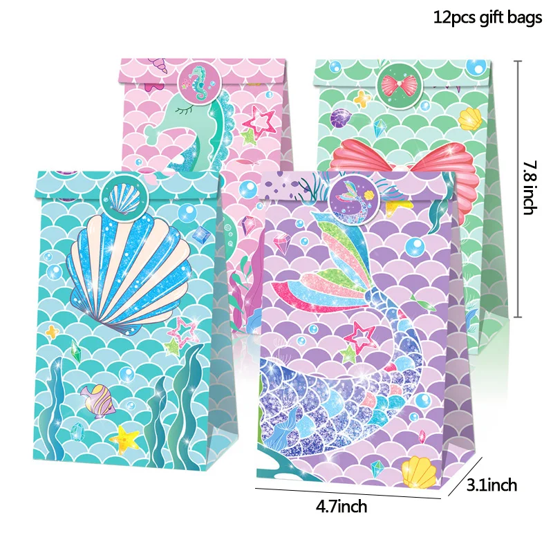 12pcs Mermaid Tail Seahorse Shell Gift Bags Baby Girl Party Favors Little Mermaid Birthday Party Decoration Baby Shower Supplies