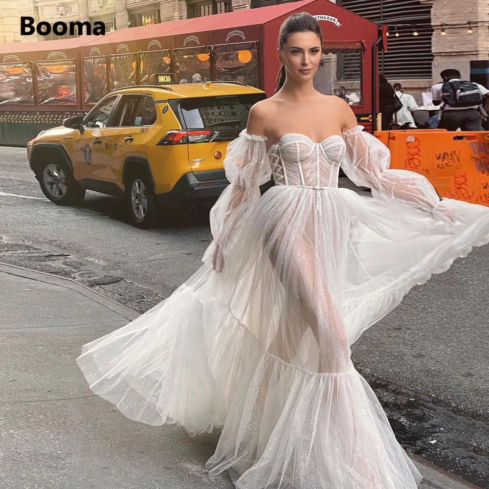 

Booma Simple Glitter Tulle Beach Wedding Dresses Sweetheart Long Sleeves A-Line Bridal Gowns Illusion Criss Cross Bride Dresses