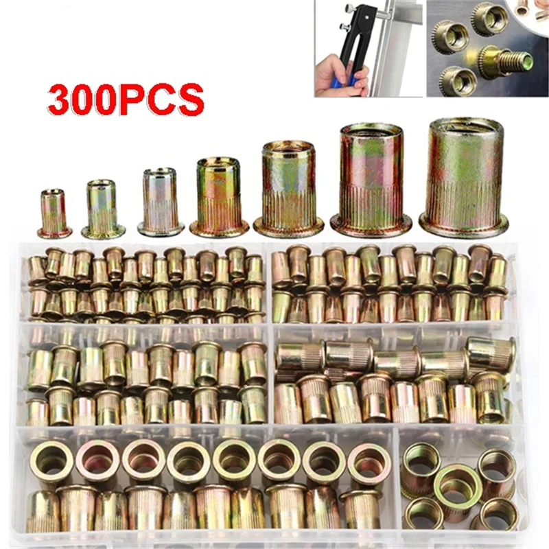 300Pcs Rivet Nuts Carbon Steel M3 M4 M5 M6 M8 M10 M12 Flat Head Rivet Nuts Set Hardware Multi Sizes Insert Rivet Nuts