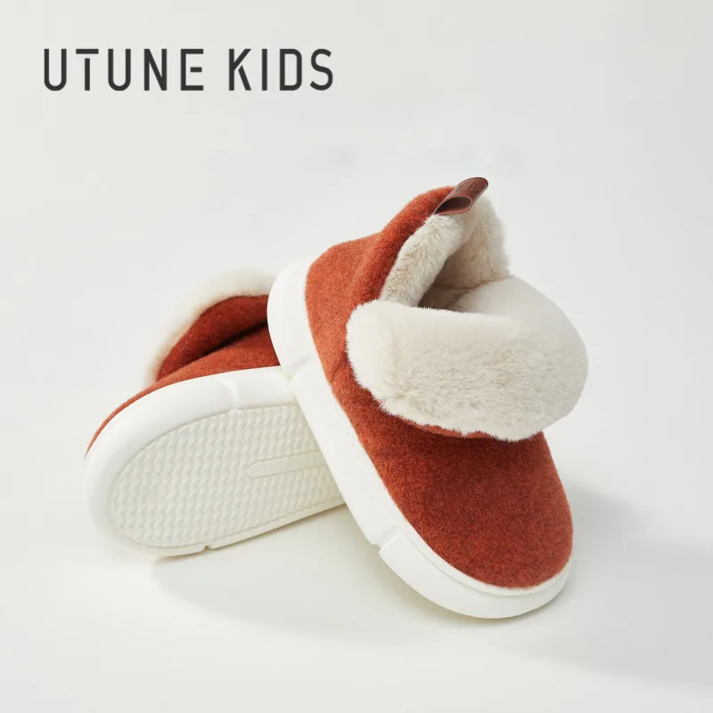 UTUNE KIDS Winter Shoes For Children Snow Boots Girls Felt Thick Plush Warm Kids Ankle Home Flats Boys EVA Anti-slip Soft Cute