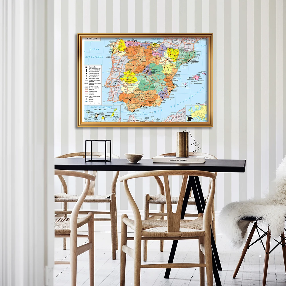 Póster de mapa de transporte y política de España en francés para pared, lienzo de pintura para decoración del hogar, suministros escolares, 84x59cm