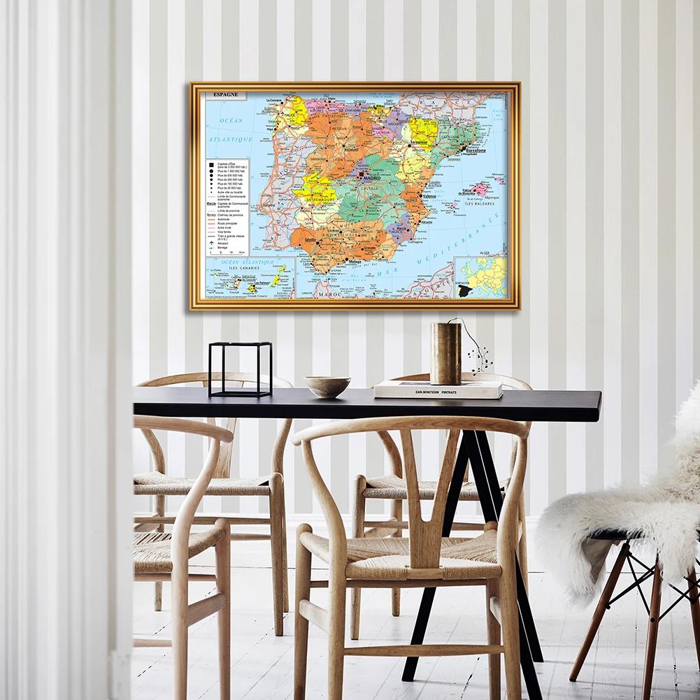 84*59cm Political and Transportation Map of The Spain In French Wall Poster Canvas Painting Home Decoration School Supplies