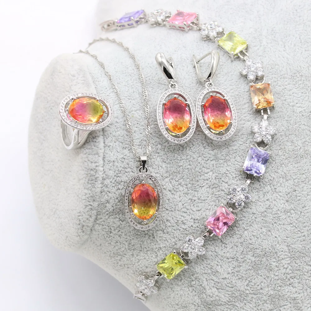 XUTAAYI Wedding Jewelry Sets Multicolor 925 Silver Earrings For Women Luxury Jewelry Bracelet Rings Bridal Pendant Necklace Set