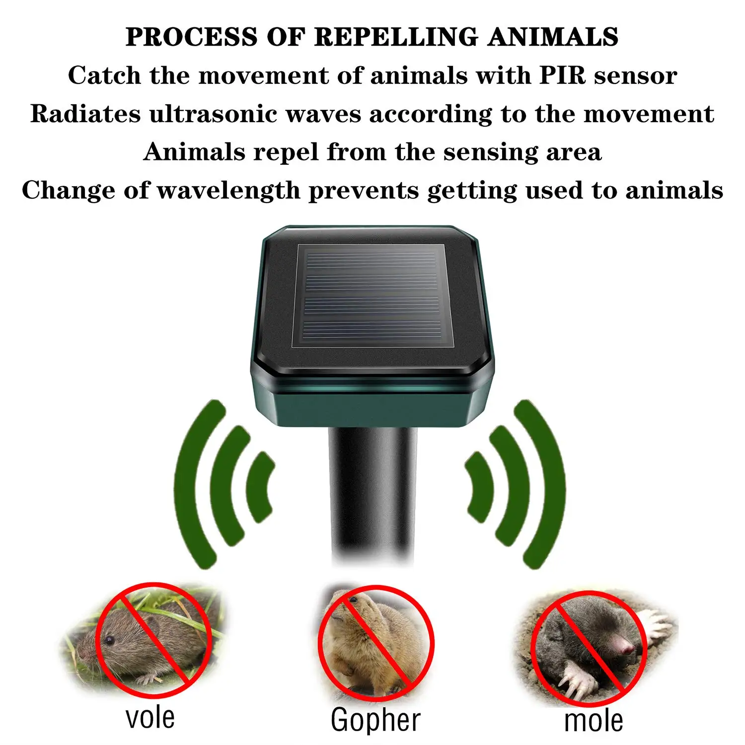 Mole Repellent, 4 Pack Ultrasonic Animal Repellent Solar Powered Gopher and Vole Chaser Humane Rodent Repellent