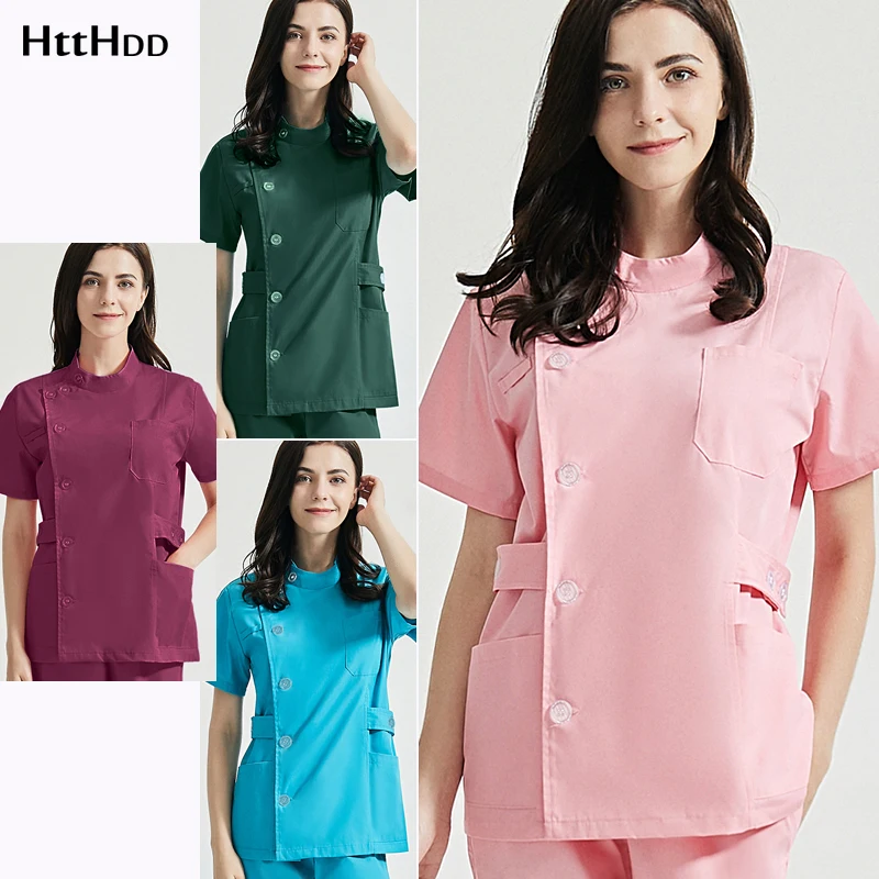 Medical Clinical Uniforms Woman Beauty Scrubs Uniform Fashion Ladies Slim Design Shirt Tops Short Sleeve Breathable High Quality