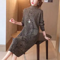 ZUOMANAutumn and Winter New Jacquard Knitted Dress Women Vintage Warm Mid-Calf Sweater Dress Lady Elegant Loose Turtleneck Dress