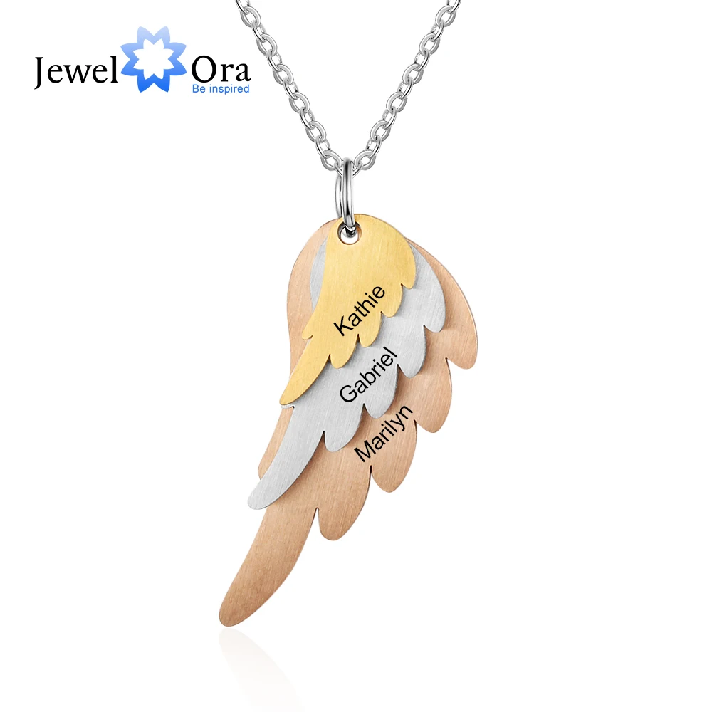 

Personalized Wings Necklace with 3 Names Mixed Steel & Rose Gold & Gold Color Custom Family Engraved Necklace(JewelOra NE103785)