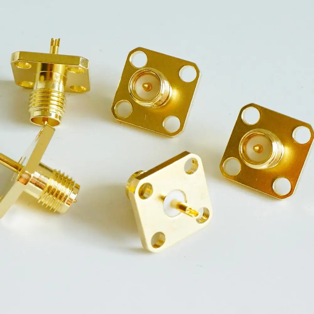 1X Pcs RP-SMA RPSMA RP SMA Female Center Solder 4 Hole Flange Chassis Panel Mount Brass Straight Coaxial RF Adapters