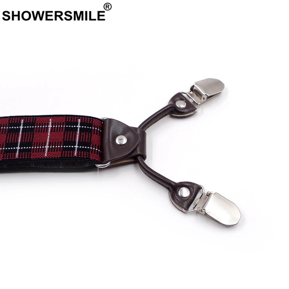 SHOWERSMILE Mens Trouser Braces British Red Plaid Suspenders 6 Clips Jacquard Business Formal Elastic Leather Male Pants Strap