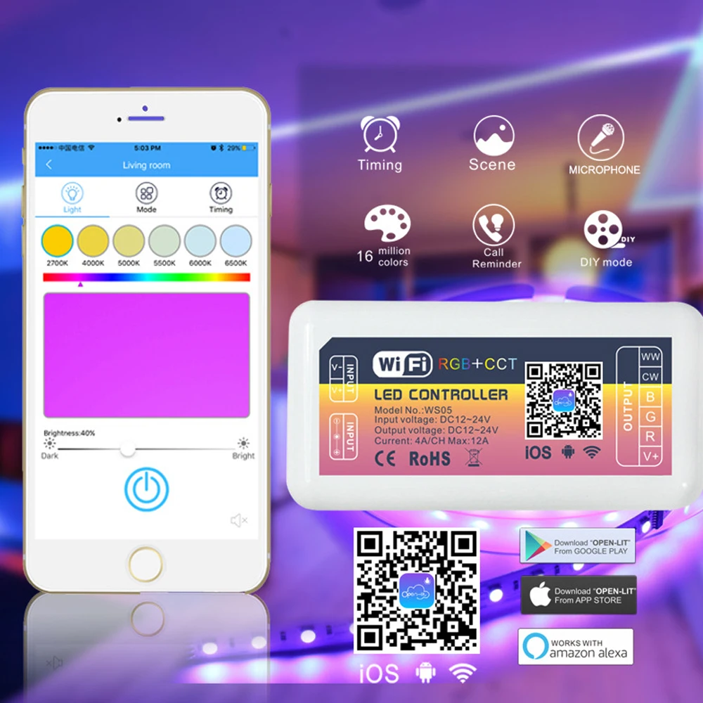 DC12-24V Smart Voice Wifi Controller Enkele Kleur/Kleur Temperatuur/Rgb/Rgbw/Rgbcct Led Licht Met Mobiele app Op Afstand Controle