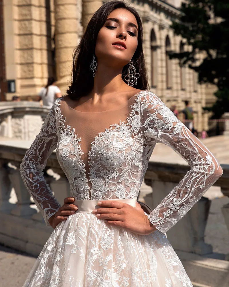 Robe De Mariage Long Sleeve Wedding Dress Backless Luxury Hochzeitskleid Appliques Tulle Princess Vestidos De Noiva Bridal Gowns