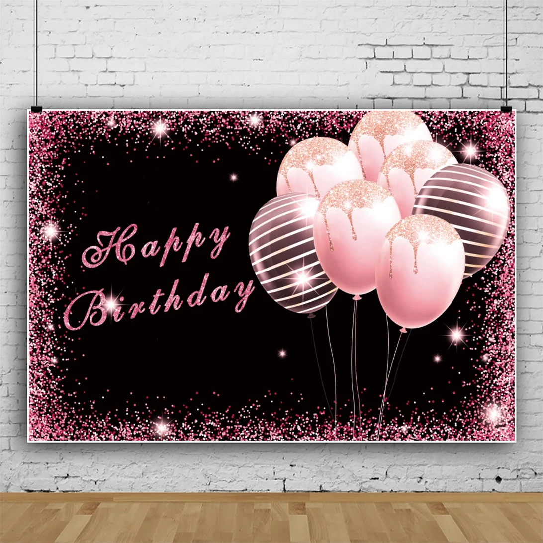 Laeacco fondali neri per fotografia festa di buon compleanno palloncini glitter rosa Banner personalizzati Poster sfondi fotografici