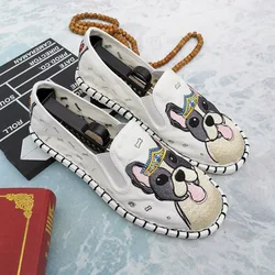 Cute Dog Embroidered Slip on Flats Shoes Womens Breathable Casual Women's Loafers Shoes Flower Chinese Shoes White Mujer Pisos