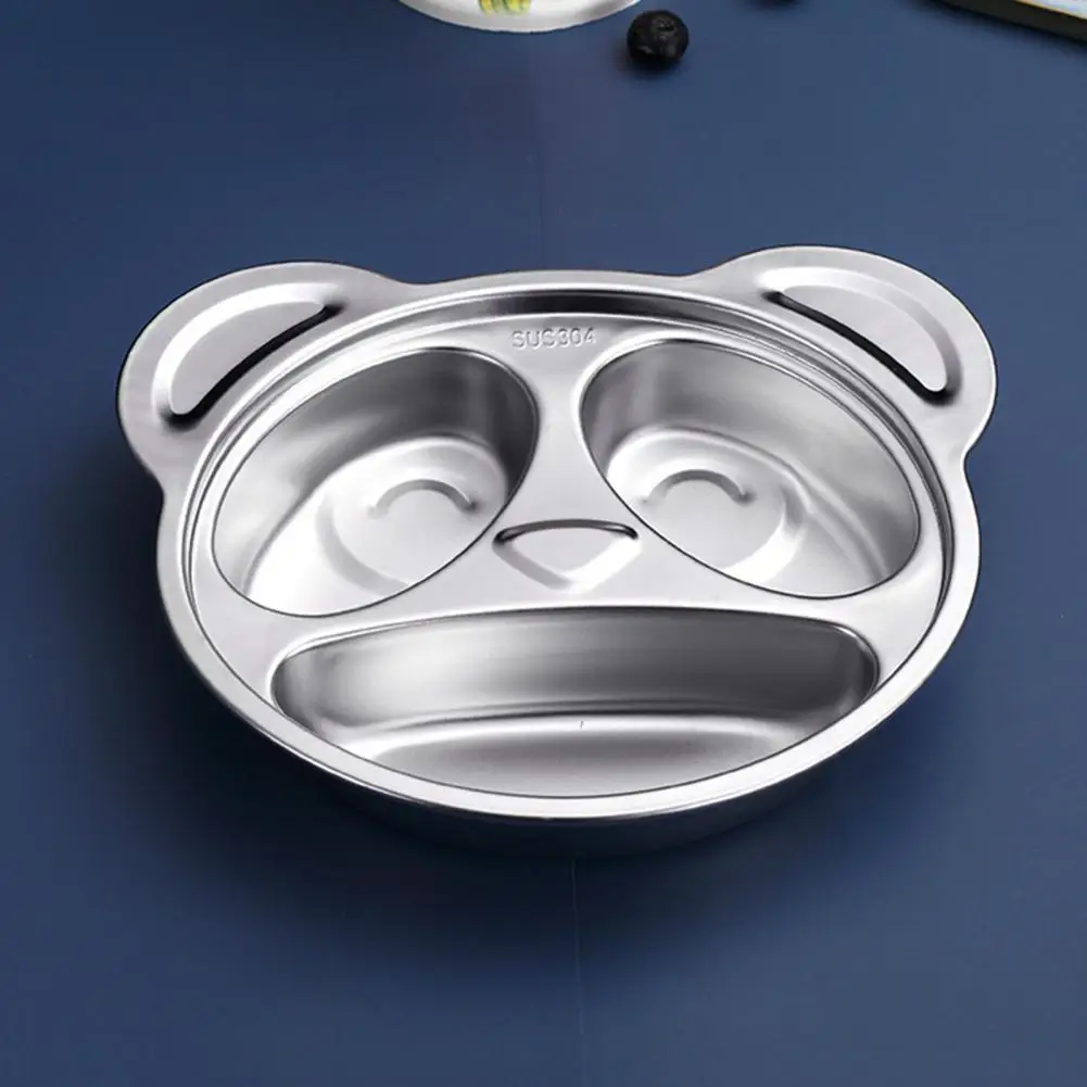 Cute Cartoon Baby Safe Silicone Dining Plate Stainless Steel Children Dishes Toddle Training Plate Tableware Kids Feeding Bowls