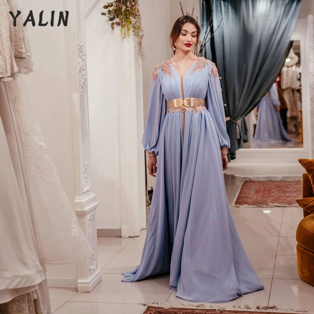 YALIN Light Blue Elegant Dubai Evening Dress V-Neck Chiffon Long Sleeves Women Prom  A-Line  Sexy Casual  Plus Size Gowns