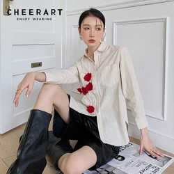 CHEERART Floral Applique Cotton Beige Button Up Shirt For Women Long Sleeve Top Korean Fashion Kawaii Cute Blouse Fall 2021