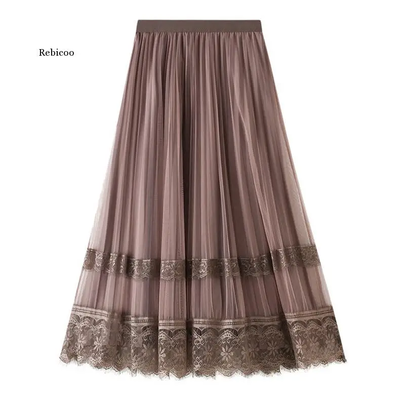 Korean Reversible Lace Velvet Tulle Long Skirt Women Autumn Winter Black High Waist Pleated Midi Skirt Female