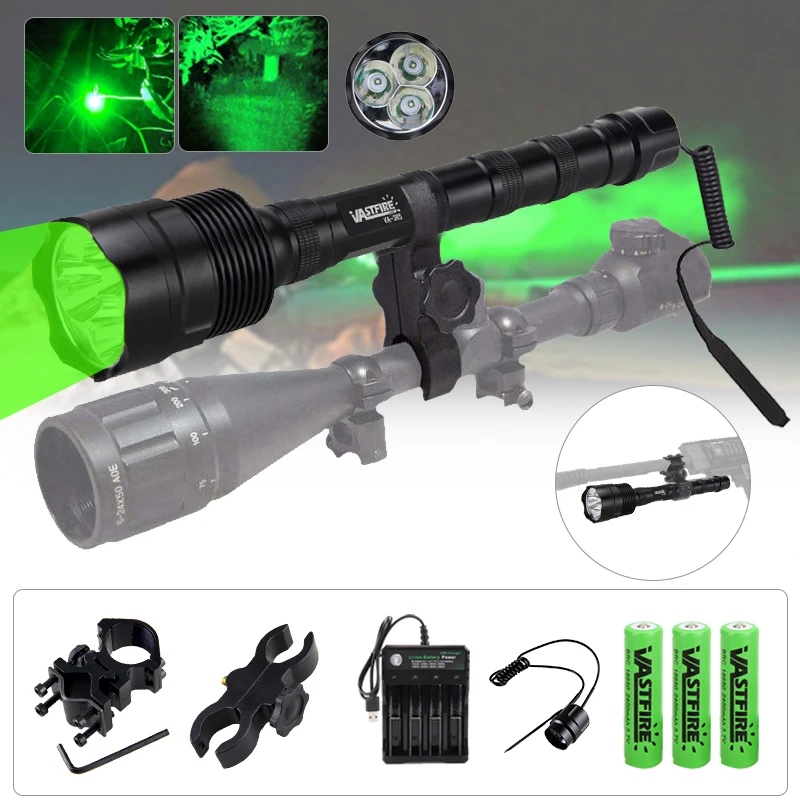 

500 Yards Green LED Beam Hunting Flashlight Hog Predator Torch Rifle Scope Mount Remote Pressure Switch For 3*18650 Battery