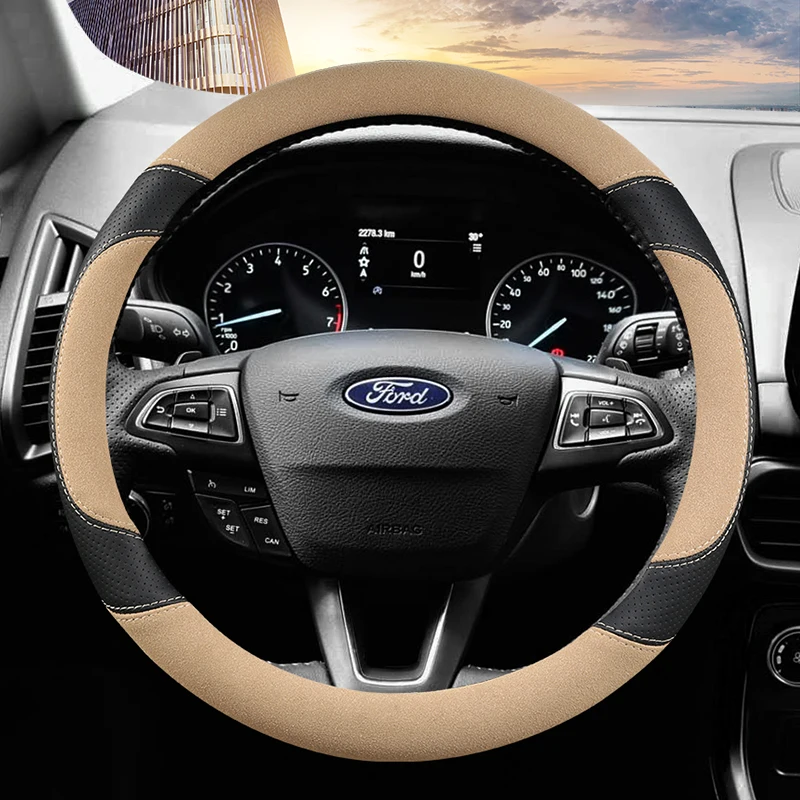 38CM Suede Cow Leather Car Steering Wheel Cover Anti-slip for Ford Focus 2 3 4 MK1 MK2 MK3 MK4 Auto Interior Accessories