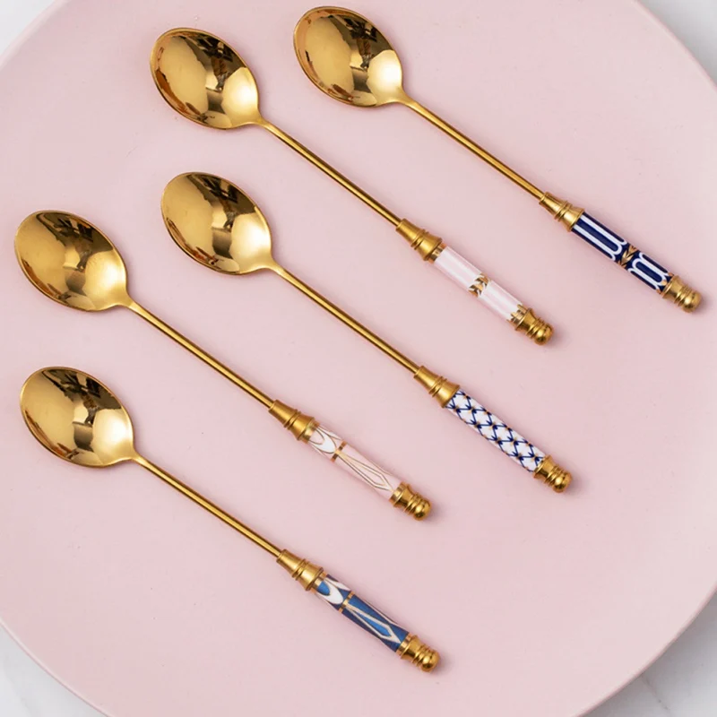 Gold Plating Stainless Steel Teaspoon Coffee Stirring Spoon Flatware Ceramic Long Handle Ice Cream Gold-plated Dessert Spoon