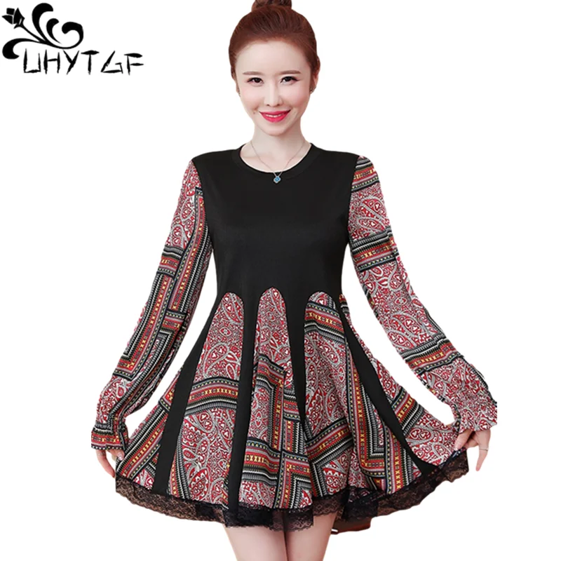 UHYTGF Cute Girl Spring Dress Fashion Lace Stitching Loose Big Size Dresses Long Sleeve Pullover Casual Women's Mini Skirt 1277