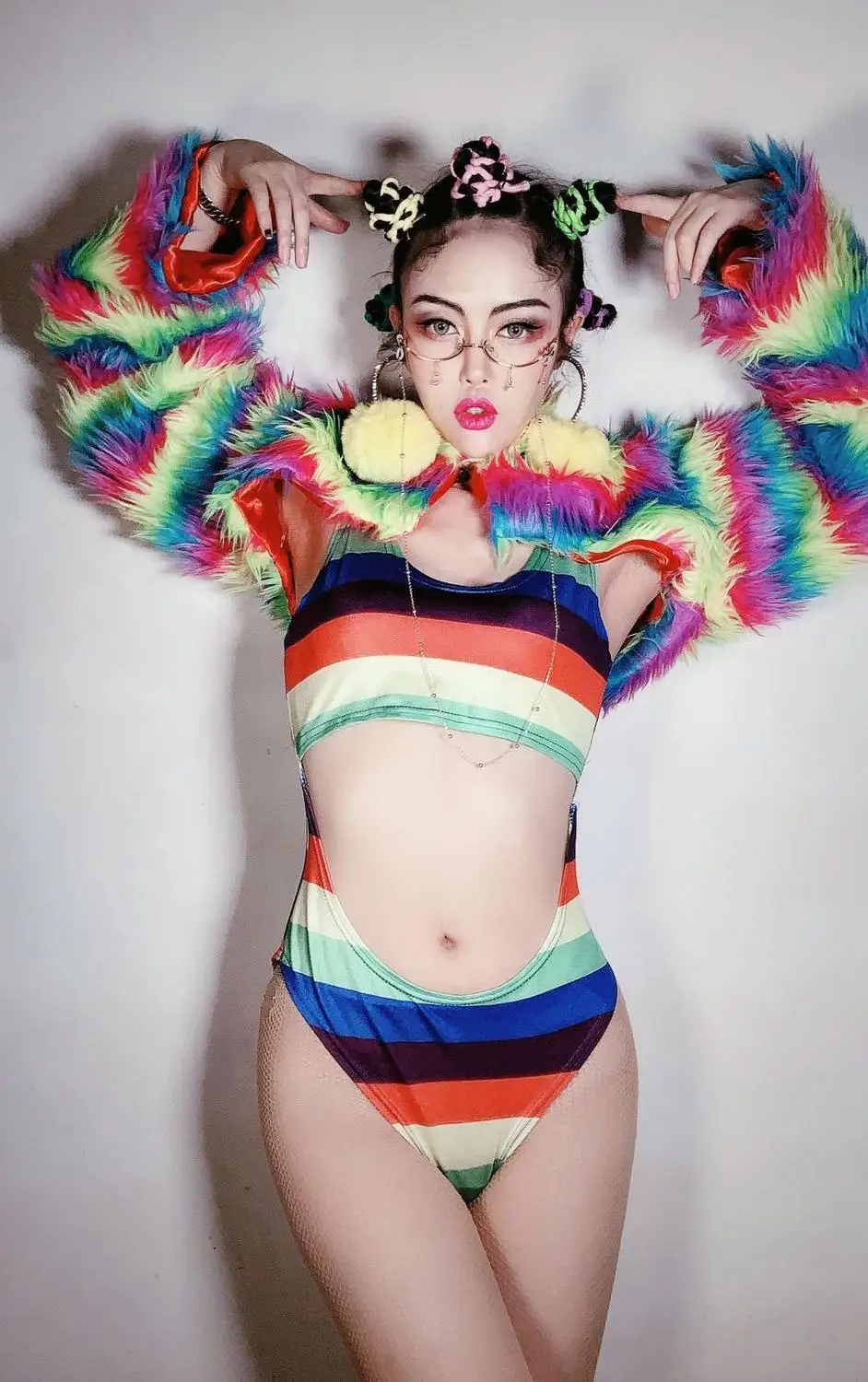 Costume de brevHip Hop DS, Tenue de Scène Sexy en Fourrure Arc-en-ciel, Châle, Manteau Amissié, pour Bar, Discothèque, DJ, Chanteur, Batterie
