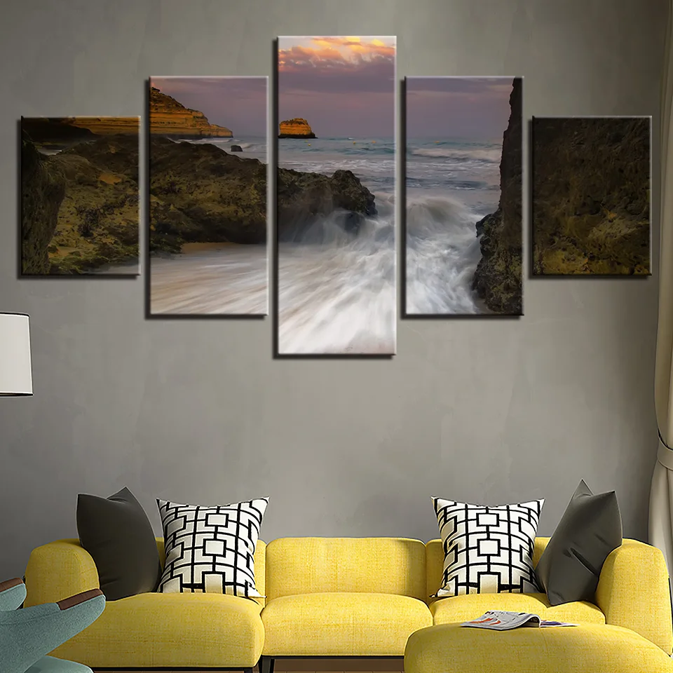 Canvas Painting Framework HD Prints 5 Pieces Mountain Sea Wave Torrent Rapids Seascape Paintings Wall Art Home Living Room Decor