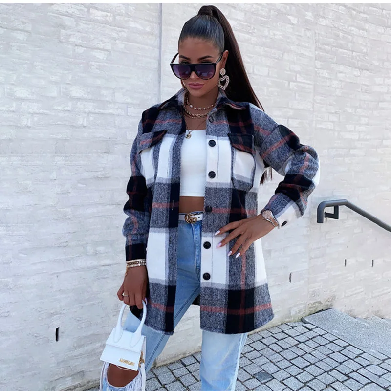 Jesienno-zimowa 2021 kobiet Top kurtka na guziki płaszcz moda Casual Vintage Plaid elegancka długi jednorzędowy rękaw topy na wierzch