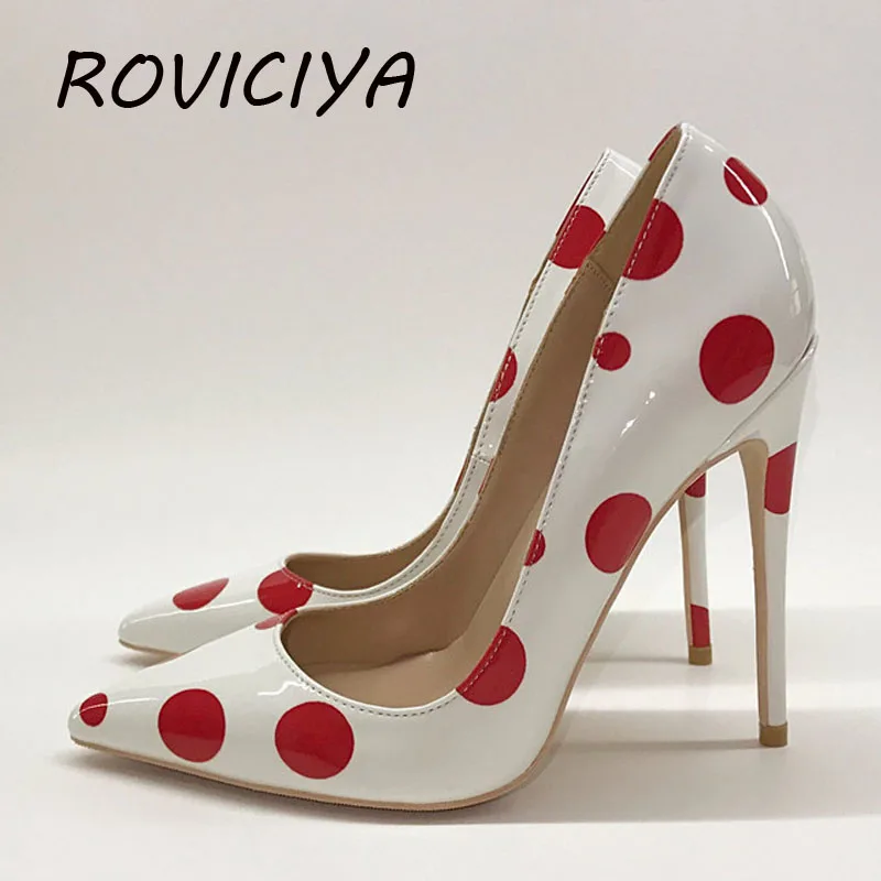 

New white women pumps red dot 12cm high heel pointed toe stiletto shallow sexy women's shoes party shoes QP069 ROVICIYA