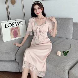 Lisacmvpnel Sexy Nightdress Female Summer Short Sleeve Sweet Girl Lace Hollow Ice Silk Long Design Nightwear