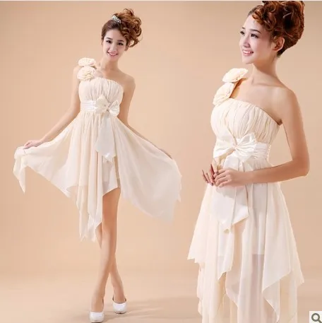 

free shipping 2015 new custom vestido One shoulder bride married small short design costume handmade flower bow bridesmaid dress