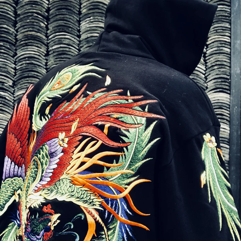 

Oversize Men Boys Autumn Modern Loose High Street Hip Hop Phoenix Dragon Feathers Embroidered Tops Streetwear Pullover Hoodies