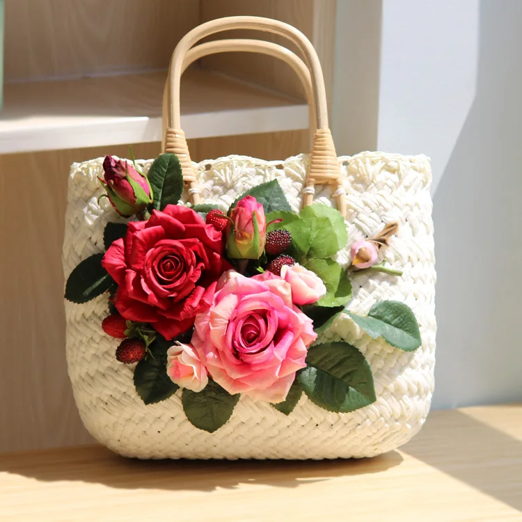 Women Fashion Big Flower Beach Bag Casual Holiday Travel Vacation Bohemia Style Tote Raffia Rattan Weave Straw Summer Handbag