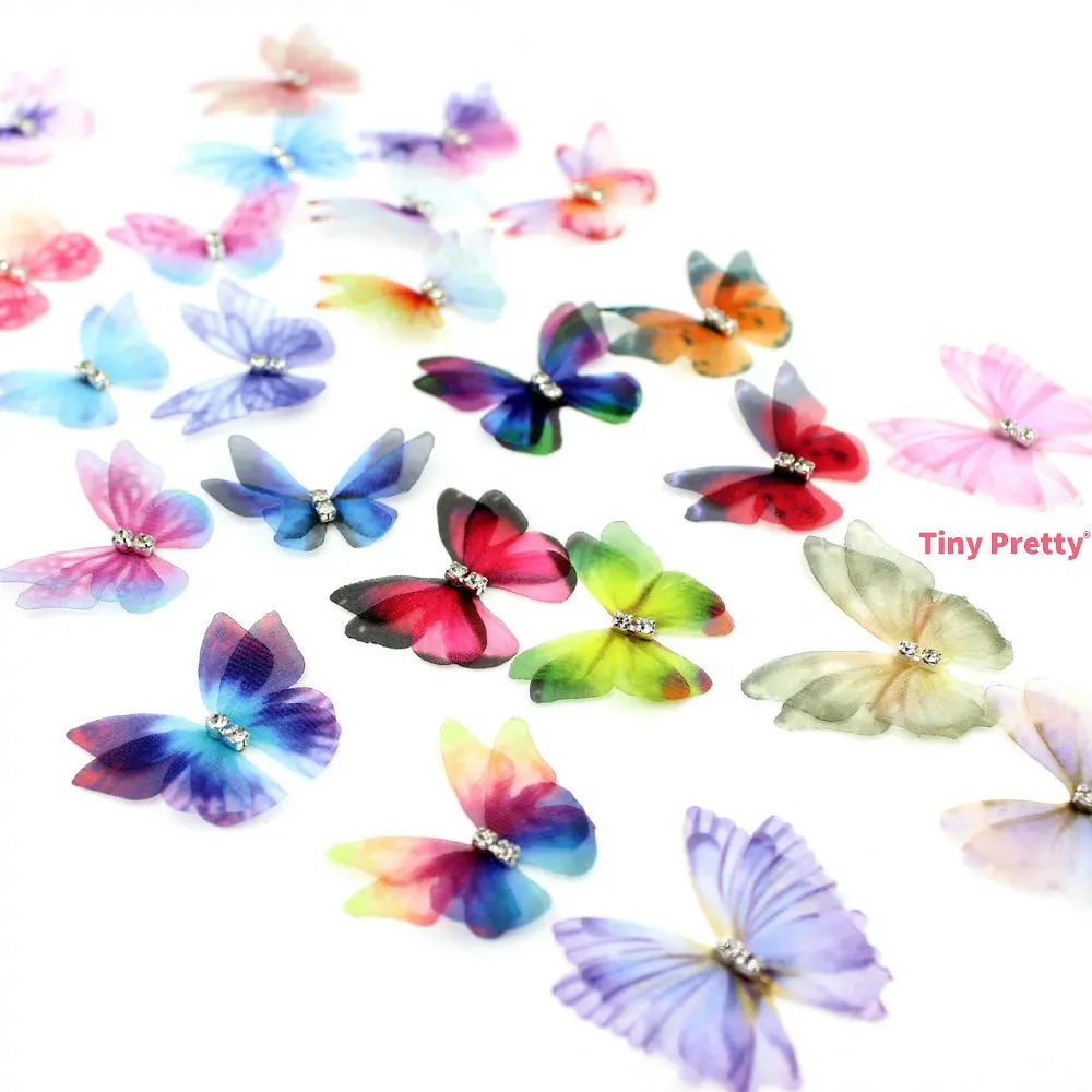 20PCS 3.0cm IRREGULAR Organza Butterflies w/ Rhinestone Chiffon Artificial Butterfly for Baby Hair Accessory, Party Decoration