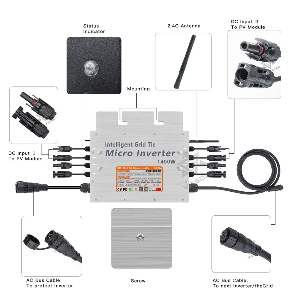 1200W 1400W Micro Solar Inverter 30V 36V Smart On Grid Tie Pure Sine Wave Inverter Support 110V 220V AC Grid and 4*350W Panel