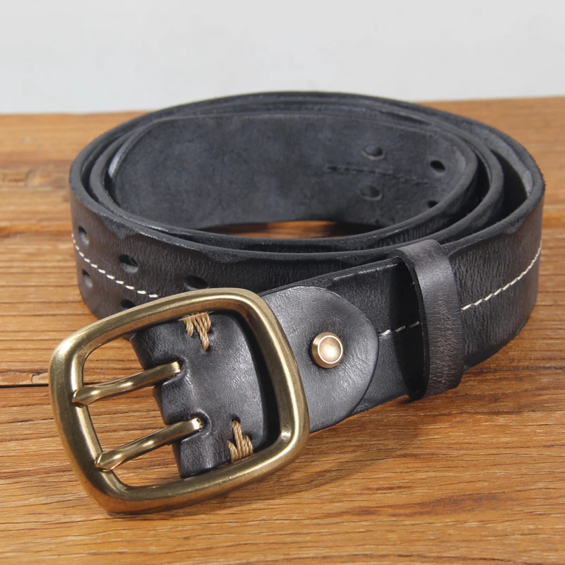 Vintage Men\'s 3.8cm Wide Double Breasted Belt 100% Cowhide Double Prong Buckle Handmade Heavy Duty Belt Fashion Jeans Belt Brown