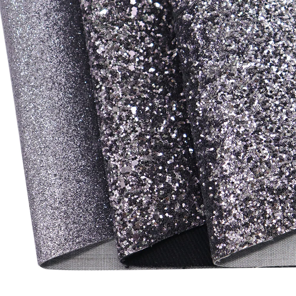 30x134cm Roll Gray Chunky Fine Plain Dyed Glitter Fabric Faux Synthetic Leather For Bows Earring Decoration  DT013