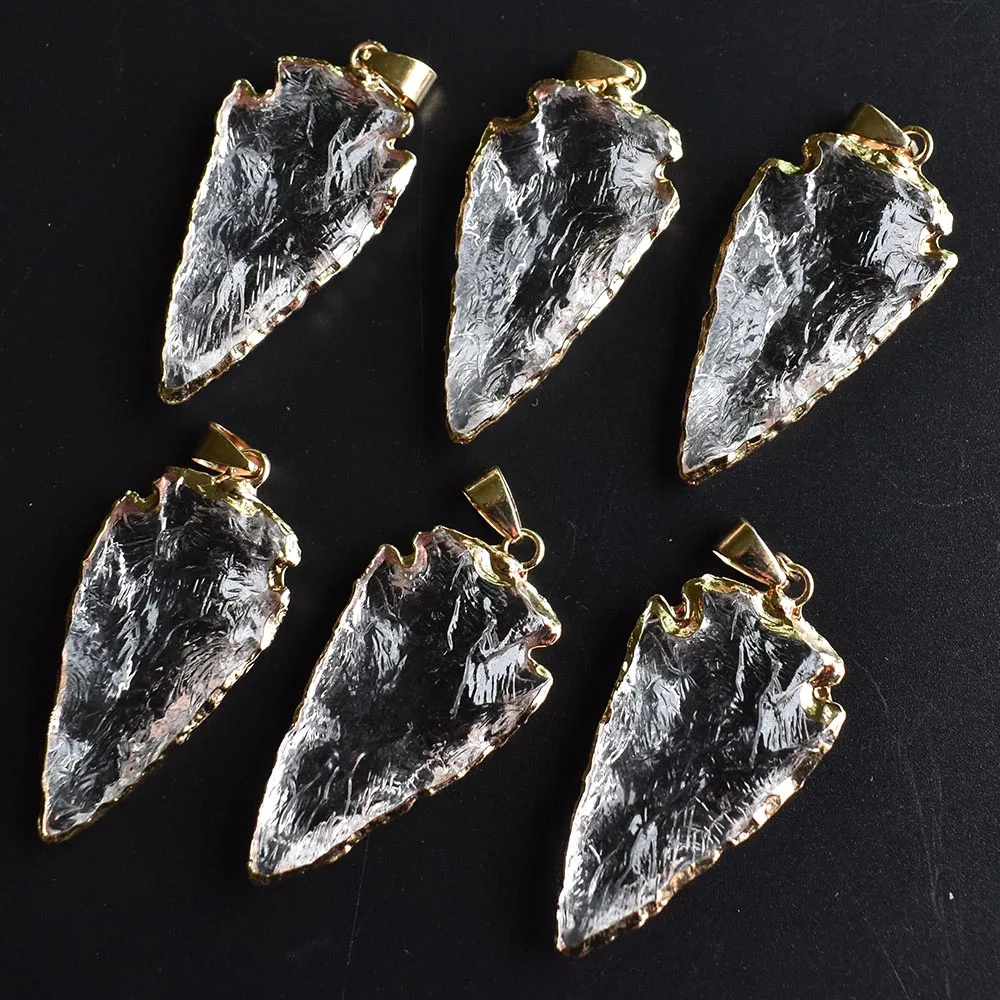 Good Quality Natural white crystal Arrowhead Pendant Electroplated Gold Color Raw Stone for jewelry making 6pcs/lot  Wholesale