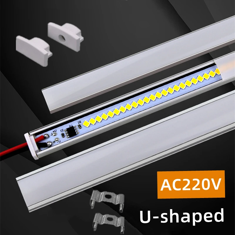 0.5m/pcs AC220V U-Shape LED Bar Strip Light Aluminum Profiles Milky/Black/Clear Cover Channel Under Cabinet Tube Linear Lighting