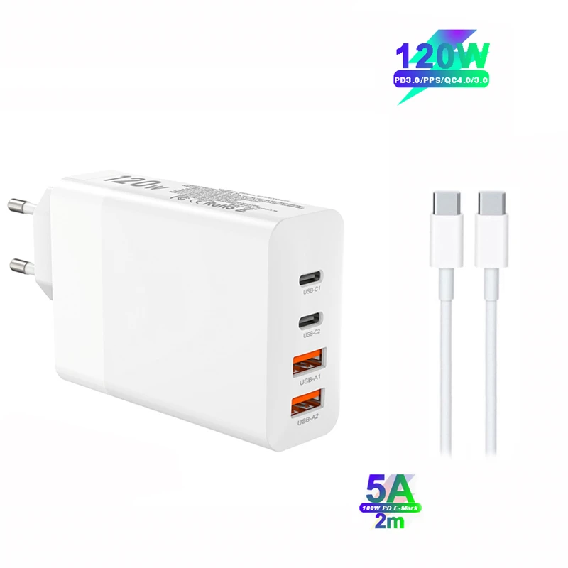 120W GaN Charger PD3.0 QC4.0 3.0 PPS Fast Charging Adapter for Macbook Pro iPad Lenovo Dell ASUS Acer HP USB-C Laptop Tablet