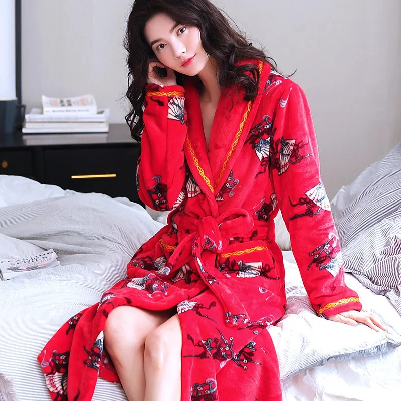

H5920 Women Robes Chinese Style Nightgown Female Thickened Flannel Autumn Winter Nightwear Coral Velvet Warm Bathrobe Homewear