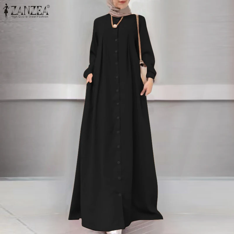 Autumn Maxi Long Dress Women Long Sleeve Buttons Sundress ZANZEA Vintage Hijab Muslim Dress Casual Islamic Clothing Caftan Robe