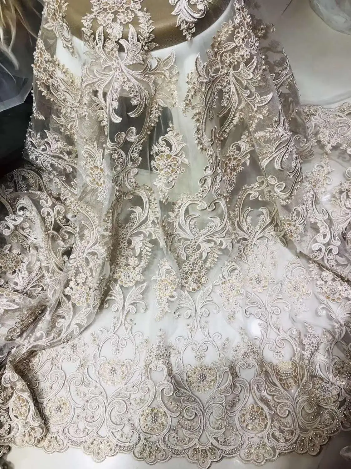 Hand-stitched stone embroidery fabric French mesh tulle/bead African Nigeria lace fabric wedding/evening dress/DIY design fabri