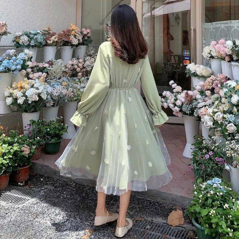 Dress Women Lovely Fresh Bow Knot Mesh Floral Embroidery High Waist Flare Sleeve Womens Elegant Chic Sweet Girls Maxi Dresses